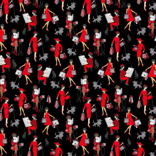 Bonjour Parisian Women In Red Paris C8688-BLACK Cotton Quilting Fabric Bonjour Parisian Women In Red Paris C8688-BLACK Cotton Quilting Fabric