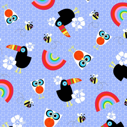 Sunshine Day Tossed Owls Toucans Blue Cotton Quilting Fabric 1/2 YARD Sunshine Day Tossed Owls Toucans Blue Cotton Quilting Fabric 1/2 YARD