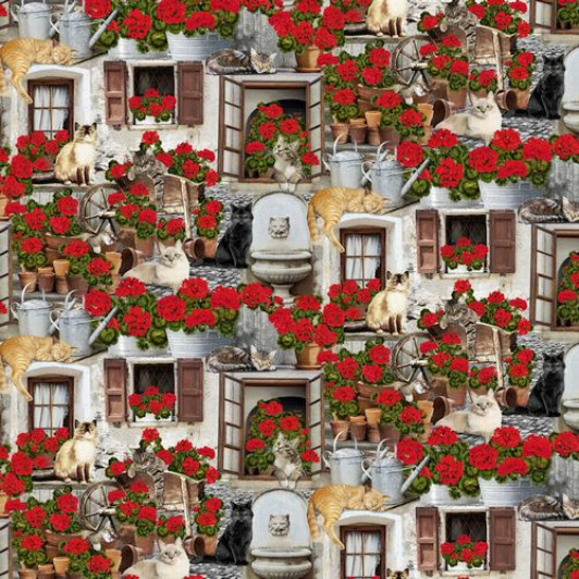 Cats and Geraniums Porch C6381-PORCH Cotton Quilting Fabric