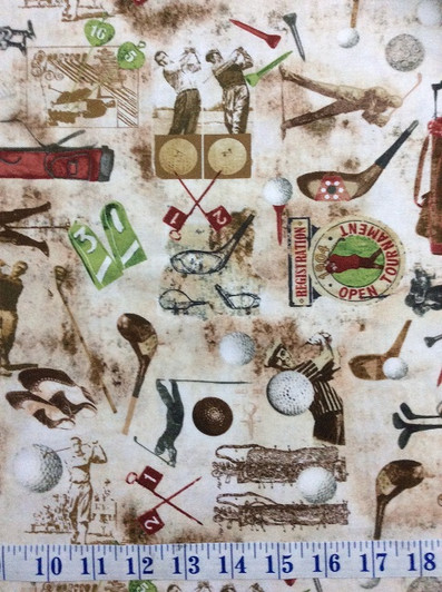 Golf Vintage Sports Coffee Coloured Background Cotton Quilting Fabric 1/2 YARD Golf Vintage Sports Coffee Coloured Background Cotton Quilting Fabric 1/2 YARD
