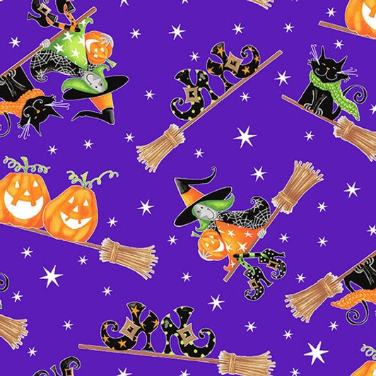 Here We Glow Flying Witches Purple Halloween Cotton Quilting Fabric Here We Glow Flying Witches Purple Halloween Cotton Quilting Fabric