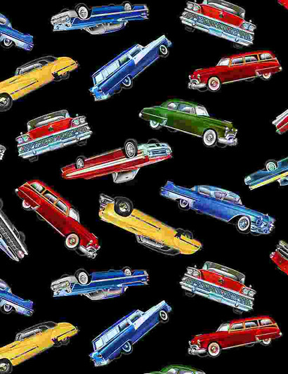 Antique Car Show Classic Cars Tossed Black Cotton Quilting Fabric