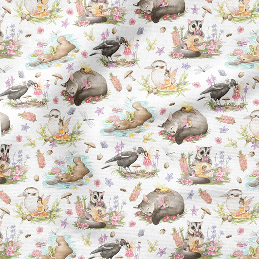 Australian Fairy Friends with Animals White DV5602 Cotton Quilting Fabric Australian Fairy Friends with Animals White DV5602 Cotton Quilting Fabric