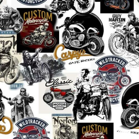 Motorbikes Classic Motorcycles White 1060/771A Cotton Quilting Fabric