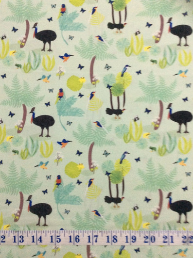 Cassowary Bush Turkeys Lorikeets Kingfishers Wild Australia Light Green Cotton Quilting Fabric