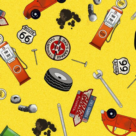 Mr Mechanic Motifs Toss Yellow 28874-S Cotton Quilting Fabric Mr Mechanic Motifs Toss Yellow 28874-S Cotton Quilting Fabric