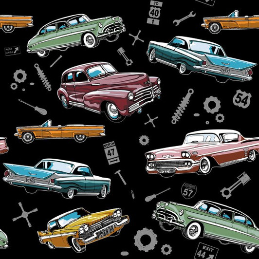 Classic Cars Black Cotton Quilting Fabric Classic Cars Black Cotton Quilting Fabric