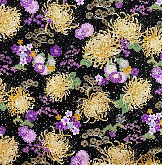 Majestic Japanese Medium Purple Floral Metallic Highlights CM8811-BLACK Cotton Quilting Fabric Majestic Japanese Medium Purple Floral Metallic Highlights CM8811-BLACK Cotton Quilting Fabric
