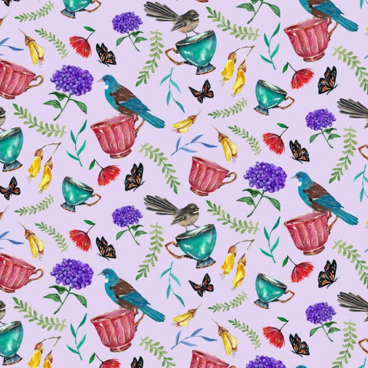Garden High Tea Kiwiana NZ Birds and Flowers Allover Cotton Quilting Fabric Garden High Tea Kiwiana NZ Birds and Flowers Allover Cotton Quilting Fabric