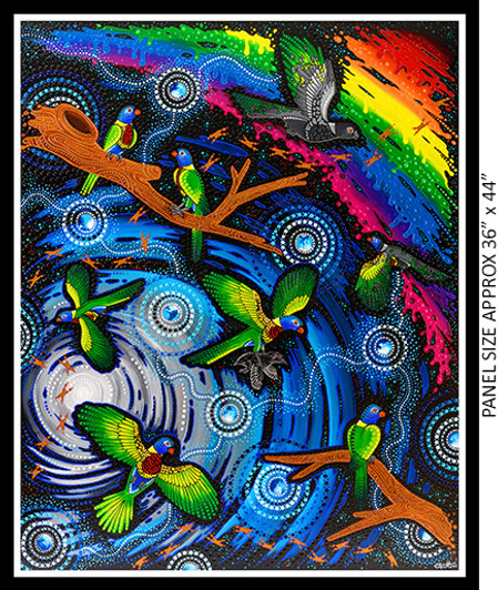 Aboriginal Art Spirit of the Bush 2 Black Bird-Matjin Thurruun Cotton Quilting Fabric Panel
