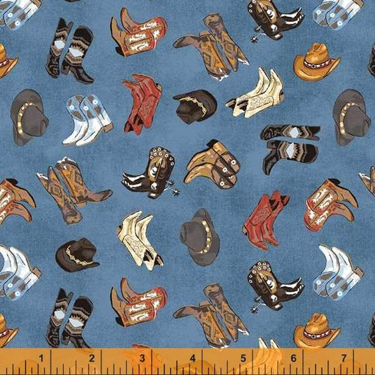 Sundance Cowboy Ranch Wear Boots Hats Denim 53110-6 Cotton Quilting Fabric Sundance Cowboy Ranch Wear Boots Hats Denim 53110-6 Cotton Quilting Fabric