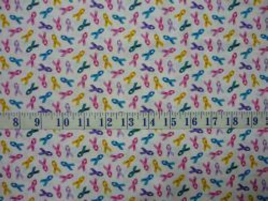 Ribbons Cancer Awareness White/Multi Cotton Quilting Fabric Ribbons Cancer Awareness White/Multi Cotton Quilting Fabric