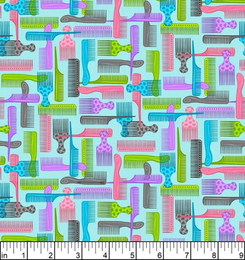 A Cut Above Hairdresser Combs Turquoise 28755-Q Cotton Quilting Fabric A Cut Above Hairdresser Combs Turquoise 28755-Q Cotton Quilting Fabric