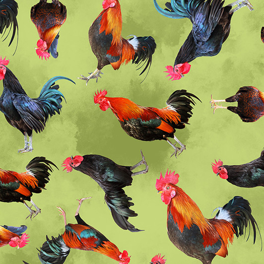 Rule The Roost Banty Roosters Green Background 2105B Cotton Quilting Fabric