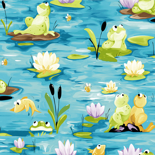 Susybee Pauls Pond Frogs Lily Pads Allover Turquoise SB20408-950 Cotton Quilting Fabric Susybee Pauls Pond Frogs Lily Pads Allover Turquoise SB20408-950 Cotton Quilting Fabric