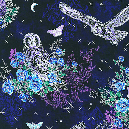 Mystic Moon Owls Night Silver Metallic Highlights SRKM21634438 Cotton Quilting Fabric Mystic Moon Owls Night Silver Metallic Highlights SRKM21634438 Cotton Quilting Fabric