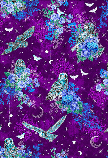 Mystic Moon Owls Midnight Purple Silver Metallic Highlights SRKM21634460 Cotton Quilting Fabric Mystic Moon Owls Midnight Purple Silver Metallic Highlights SRKM21634460 Cotton Quilting Fabric