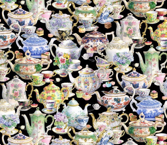 Fancy Tea Teapots Black Metallic Highlights 34000E-BLACK Cotton Quilting Fabric Fancy Tea Teapots Black Metallic Highlights 34000E-BLACK Cotton Quilting Fabric