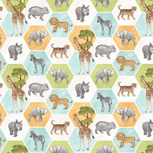 Baby Safari African Animals Hexie Animals Large White DP24673-10 Cotton Quilting Fabric Baby Safari African Animals Hexie Animals Large White DP24673-10 Cotton Quilting Fabric