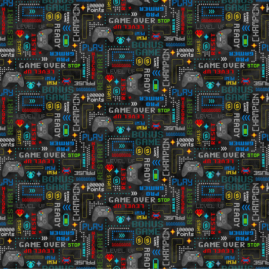Gaming Zone Video Game words Black 24571-99 Cotton Quilting Fabric
