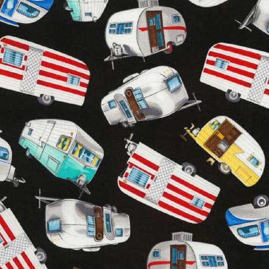 Caravans Campers Retro Vintage Tossed Black Cotton Quilting Fabric Caravans Campers Retro Vintage Tossed Black Cotton Quilting Fabric