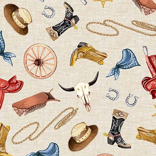 Happy Trails Cowhand Gear Cream CX11507-CREM Cotton Quilting Fabric Happy Trails Cowhand Gear Cream CX11507-CREM Cotton Quilting Fabric