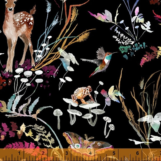 Deep Forest Fawns Frogs Birds Black 52990D-1 Cotton Quilting Fabric Deep Forest Fawns Frogs Birds Black 52990D-1 Cotton Quilting Fabric