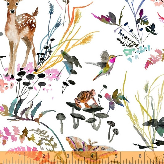 Deep Forest Fawns Frogs Birds White 52990D-2 Cotton Quilting Fabric Deep Forest Fawns Frogs Birds White 52990D-2 Cotton Quilting Fabric