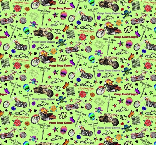 Motorbikes Orange County Choppers Tattoo Lime DDC10641-LIME Cotton Quilting Fabric Motorbikes Orange County Choppers Tattoo Lime DDC10641-LIME Cotton Quilting Fabric