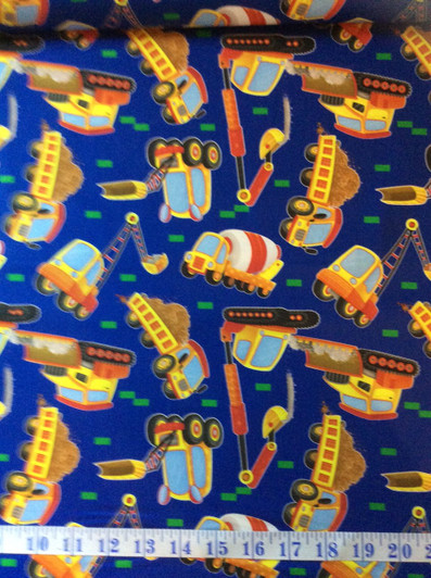 Trucks Cranes Bulldozers Royal Work In Progress Cotton Quilting Fabric 1/2 YARD