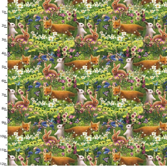Princess Dreams Forest Friends Fox Rabbit Green 21535-GRN Cotton Quilting Fabric