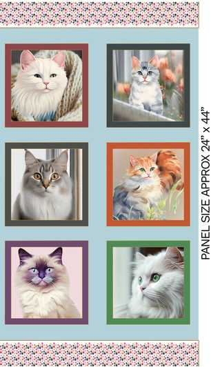 Kitty Cuddles Cats Kittens Blue 4036B  Cotton Quilting Block Panel