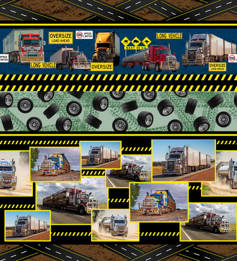 Terrific Trucking Trucks Tyres Lengthways Stripe 3108D Cotton Quilting Fabric Terrific Trucking Trucks Tyres Lengthways Stripe 3108D Cotton Quilting Fabric