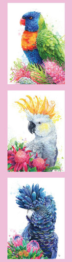 Cockatoos Rosella, Black and White Cockatoo Pink Carlie Edwards DV5906 Cotton Quilting Fabric Tri Panel