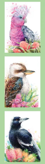 Galah Kookaburra Magpie Green Carlie Edwards DV5907 Cotton Quilting Fabric Tri Panel Galah Kookaburra Magpie Green Carlie Edwards DV5907 Cotton Quilting Fabric Tri Panel