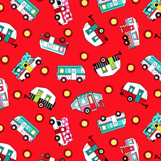 Roamin' Holiday Caravans Campers Toss Red Cotton Quilting Fabric Roamin' Holiday Caravans Campers Toss Red Cotton Quilting Fabric