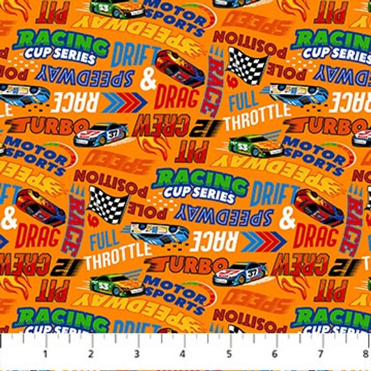 Racing Cars Turbo Speed Racing Words Orange 25110-56 Cotton Quilting Fabric Racing Cars Turbo Speed Racing Words Orange 25110-56 Cotton Quilting Fabric