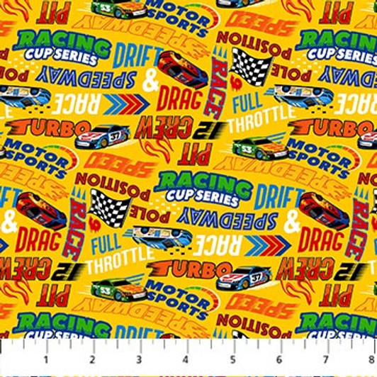 Racing Cars Turbo Speed Racing Words Yellow  25110-52 Cotton Quilting Fabric Racing Cars Turbo Speed Racing Words Yellow  25110-52 Cotton Quilting Fabric