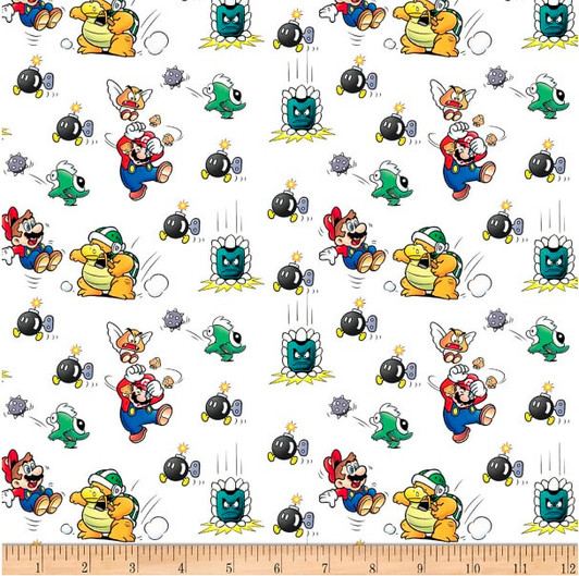 Nintendo Mario in Trouble White Cotton Quilting Fabric Nintendo Mario in Trouble White Cotton Quilting Fabric