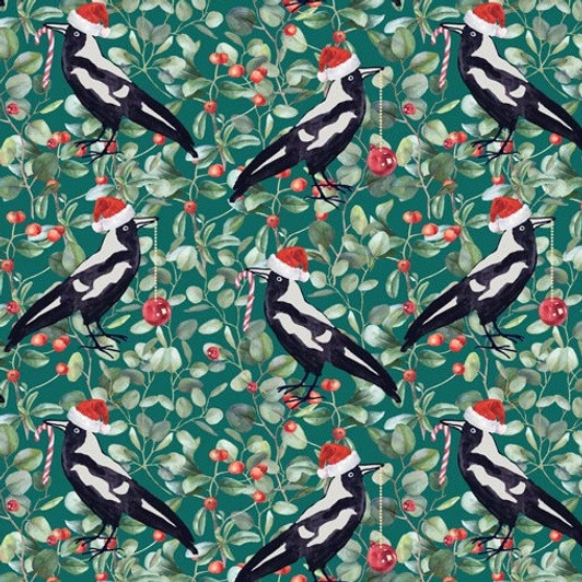 Aussie Christmas Magpie Carols Green Unalloyed 1000H Cotton Quilting Fabric Aussie Christmas Magpie Carols Green Unalloyed 1000H Cotton Quilting Fabric