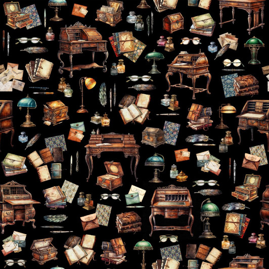 Bookworm Writing Desks and Motifs Black 30447-J Cotton Quilting Fabric