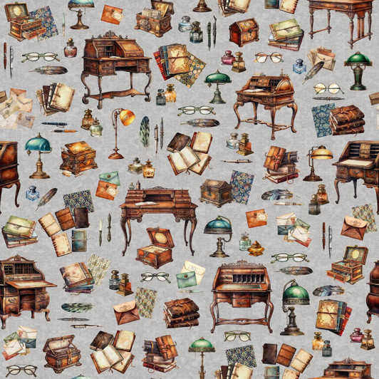 Bookworm Writing Desks and Motifs Grey 30447-K Cotton Quilting Fabric