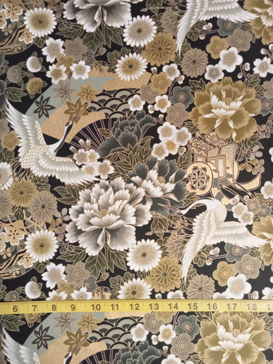 Maru Japanese Cranes Flowers 64240/108 Metallic Highlights Black Cotton Quilting Fabric