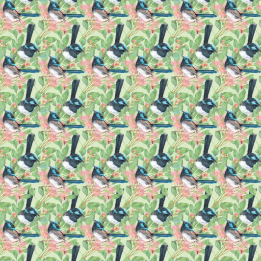 Australian Blue Wrens Leaf Background Kayla Reay DV6455 Cotton Quilting Fabric