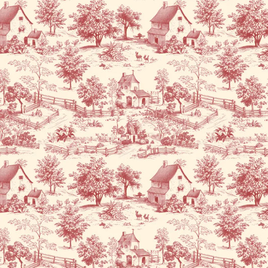 Toile De Jouy Red Farmhouses Countryside DV6628 Devonstone Cotton Quilting Fabric
