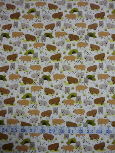 Roaming the Mallee Aussie Animals Wombats White Cotton Quilting Fabric