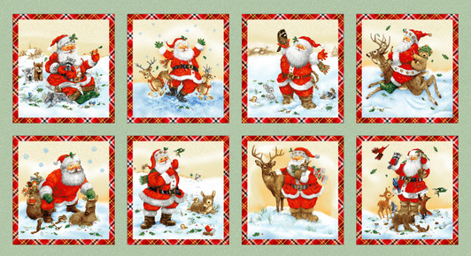 Father Christmas Santas Friends Sage 1155-16 Cotton Quilting Fabric Block Panel