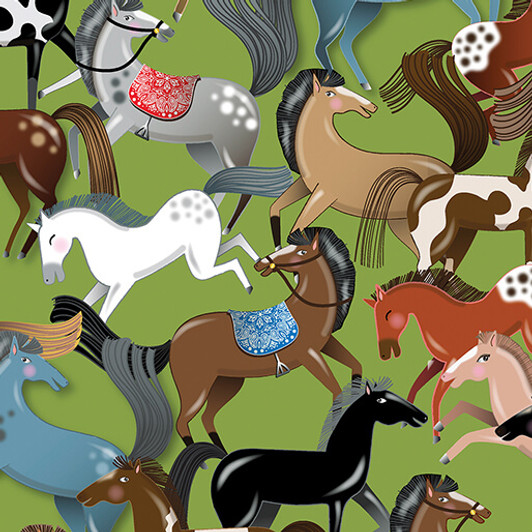 Lil' Buckaroos Wild Horses Green 14755-44 Cotton Quilting Fabric