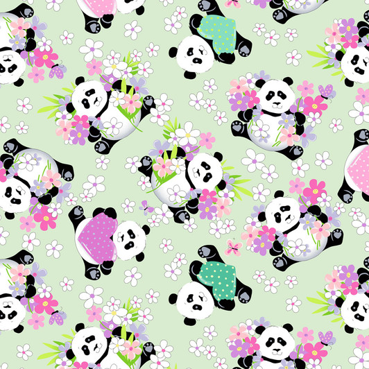 Susybee Panda Party Tossed Pandas Green SB20427-835 Cotton Quilting Fabric