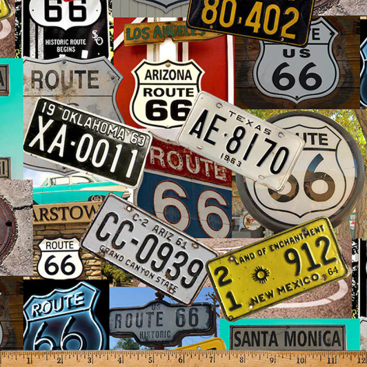 On The Road Again License Plates Route 66 W5417H-130 Cotton Quilting Fabric
